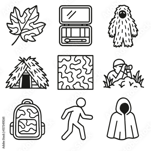 Camo Icons Collection. Outline style icons of Camouflage and Concealment: leaf camo icon, face paint kit, ghillie suit icon,