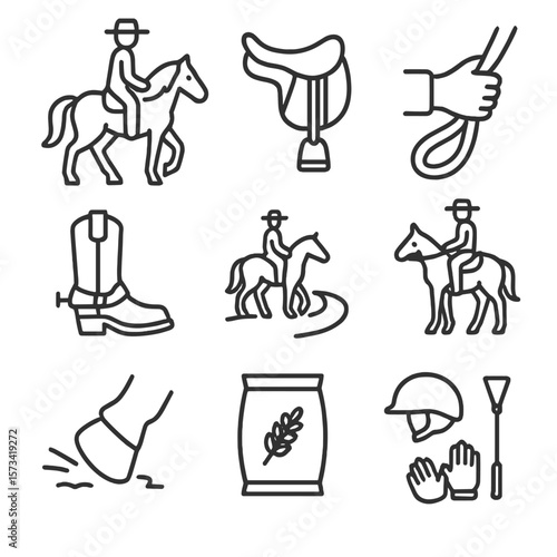 Western Riding Icons. Outline style icons of Western Horse Riding: horseback rider, saddle with stirrups, reins grip, boot in