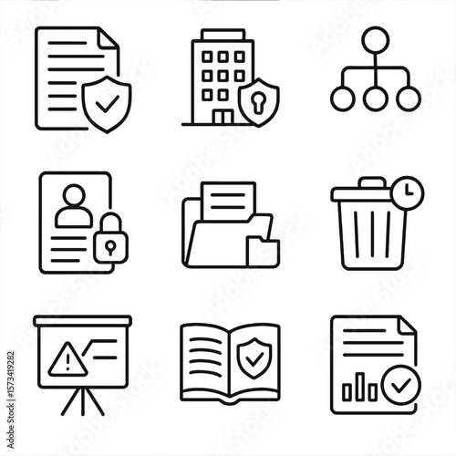 Security Policy Icons. Outline style icons of Security Policies and Governance: document with shield, corporate security icon,