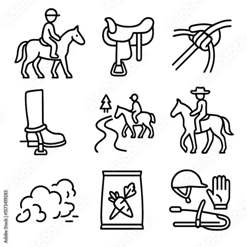 Western Riding Icons. Outline style icons of Western Horse Riding: horseback rider, saddle with stirrups, reins grip, boot in