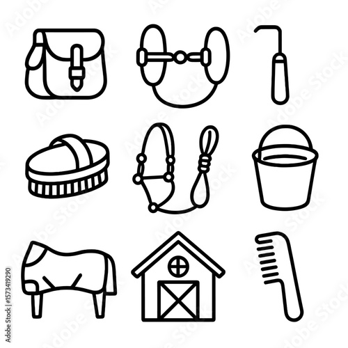 Horse Gear Icons. Outline style icons of Horse Gear: saddlebag, bridle and bit, hoof pick, grooming brush, halter rope, feed