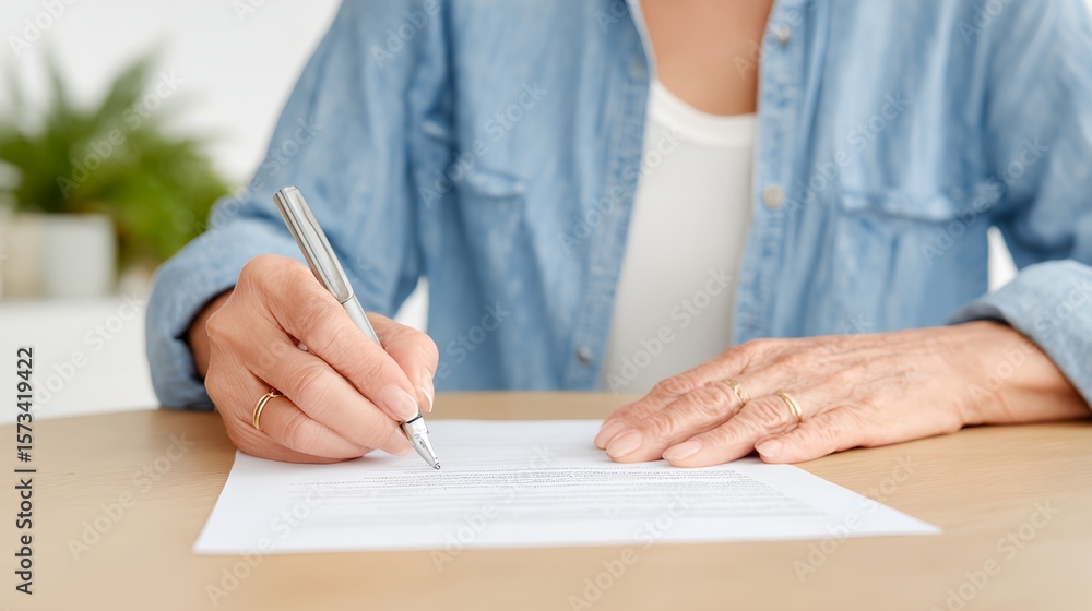 Woman is writing on a piece of paper Woman is writing on a piece of paper
