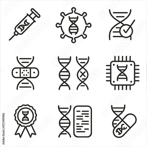 Gene Therapy Icons. Outline style icons of Gene Therapy: injection with DNA symbol, gene delivery virus, corrected strand icon,