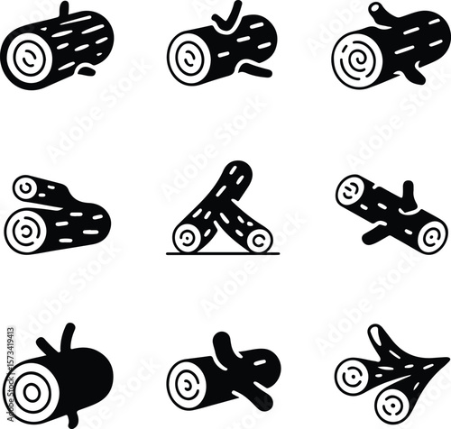 Nine black wood log icons on white background timber