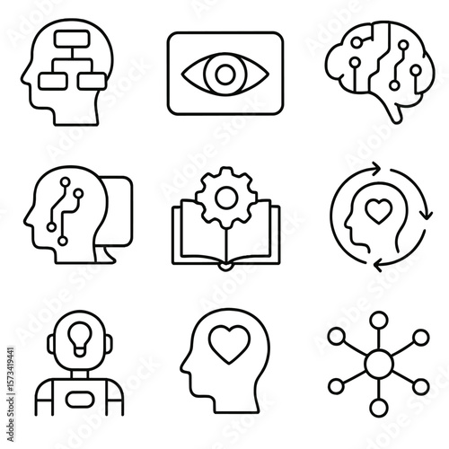 Cognitive Computing Icons. Outline style icons of Cognitive Computing: layered mind map, perception icon, contextual data brain,