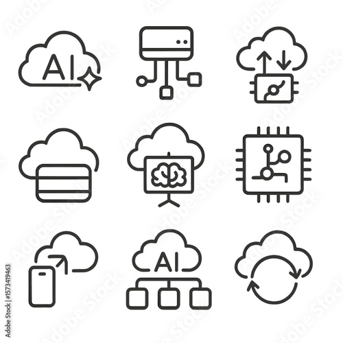 Edge and Cloud Icons. Outline style icons of Edge and Cloud Intelligence: cloud with AI spark, edge computing node, hybrid