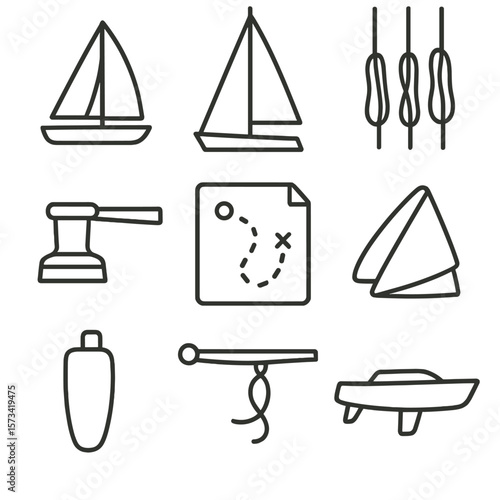 Sailing Equipment Icons. Outline style icons of Sailing Equipment: sailboat, mast with sail, rigging lines, winch handle,