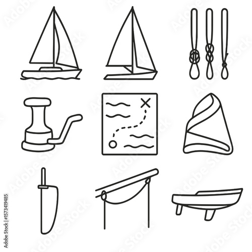 Sailing Equipment Icons. Outline style icons of Sailing Equipment: sailboat, mast with sail, rigging lines, winch handle,