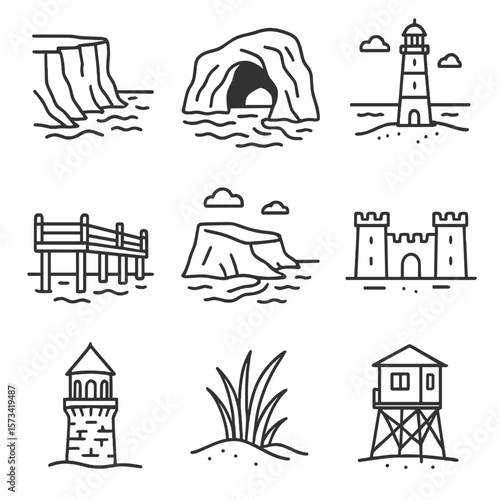 Coastal Landmarks Icons. Outline style icons of Coastal Landmarks: cliff by sea, sea cave, beach lighthouse, pier on water,