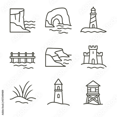Coastal Landmarks Icons. Outline style icons of Coastal Landmarks: cliff by sea, sea cave, beach lighthouse, pier on water,