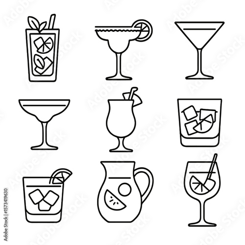 Outline Cocktail Icons. Outline style icons of Flavored Cocktails: mojito glass, margarita with salt, cosmopolitan silhouette,