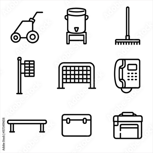 Baseball Game Essentials Icons. Outline style icons of Baseball Game Essentials: line chalker, dugout water cooler, field rake,