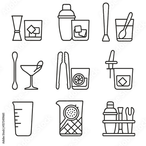 Bartending Tools Icons. Outline style icons of Bartending Tools with Glasses: jigger next to glass, shaker and rocks glass combo,
