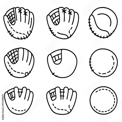 Baseball Glove Icons. Outline style icons of Baseball Glove Types: infielder’s glove, outfielder’s glove, catcher’s mitt, first