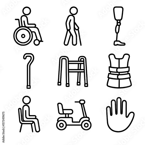 Disability Icons Outline. Outline style icons of Physical Disabilities: person in wheelchair, crutch user, leg prosthesis, walking