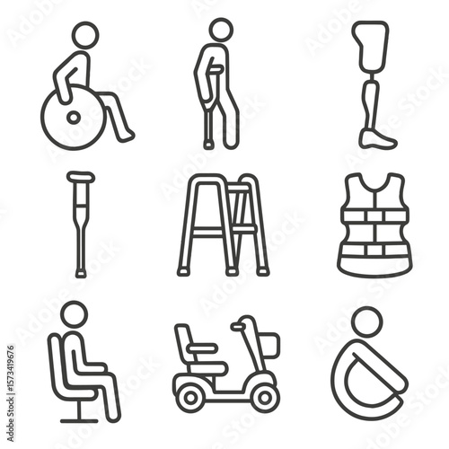 Disability Icons Outline. Outline style icons of Physical Disabilities: person in wheelchair, crutch user, leg prosthesis, walking