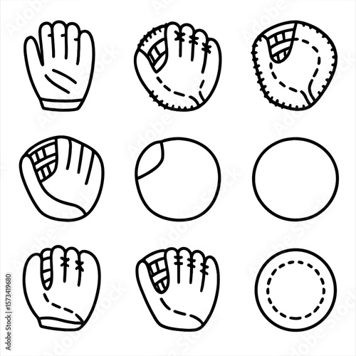 Baseball Glove Icons. Outline style icons of Baseball Glove Types: infielder’s glove, outfielder’s glove, catcher’s mitt, first