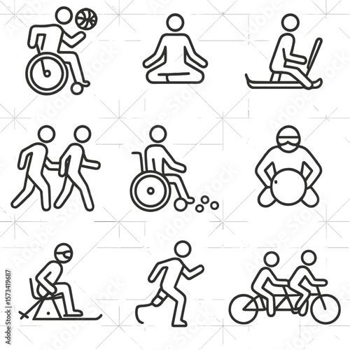 Adaptive Sports Icons. Outline style icons of Adaptive Sports and Recreation: wheelchair basketball, adaptive yoga pose, sledge
