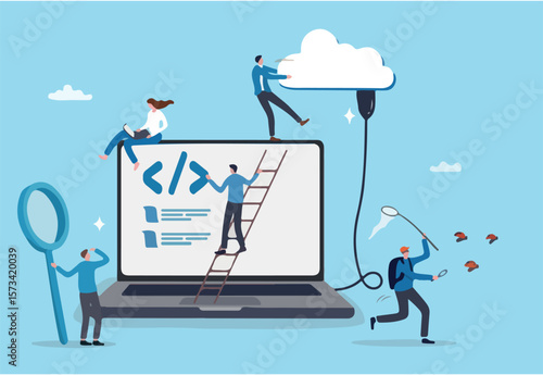 Software development, coding team, programming frontend backend framework, debugging algorithm, testing or deployment concept, young people software engineer working with online cloud computer laptop