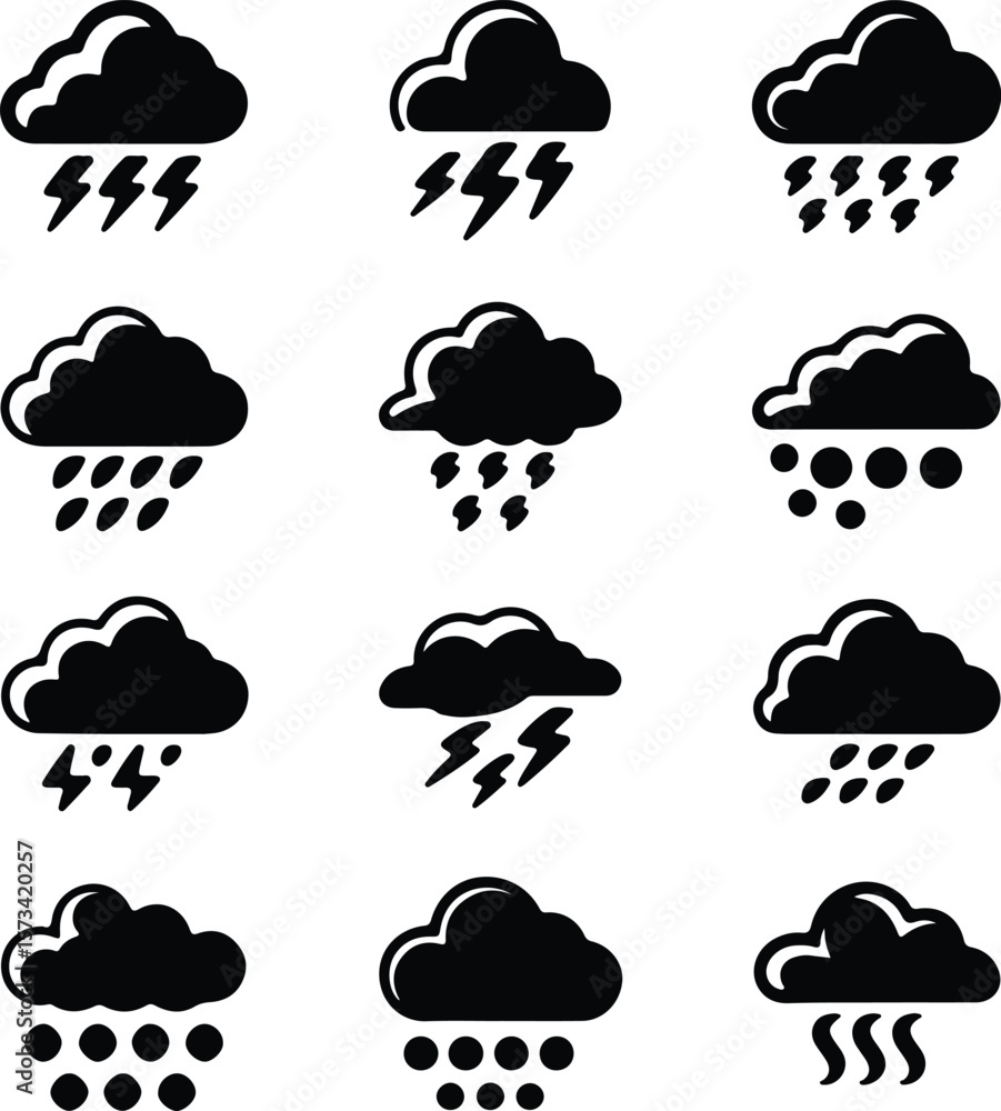 Set of nine weather icons with clouds and precipitation Set of nine weather icons with clouds and precipitation