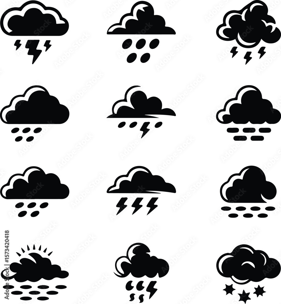 Weather icons showing rain lightning and sun cloud Weather icons showing rain lightning and sun cloud