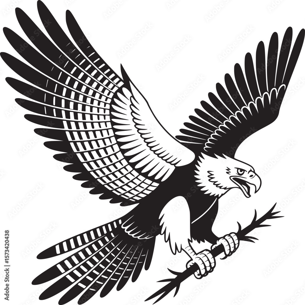 Fototapeta premium A black and white illustration of an eagle with its wings spread holding a branch in its talons on transparent background