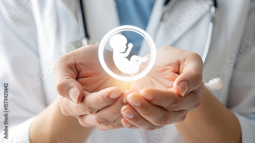 Doctor holding glowing embryo icon symbolizing fertility treatment and new life in hands