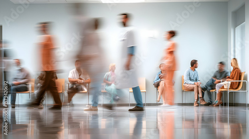 Busy hospital waiting area with patients and blurred medical staff   -