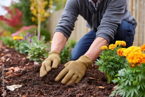Fototapeta Naklejka Na Ścianę i Meble -  Gardener taking care of flowerbed in backyard garden