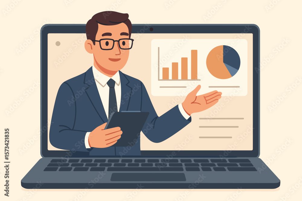 Business consultant on laptop screen, financial advisor giving virtual presentation. Online conference call, webinar, e-learning. Data analysis, marketing strategy concept. Business consultant on laptop screen, financial advisor giving virtual presentation. Online conference call, webinar, e-learning. Data analysis, marketing strategy concept.