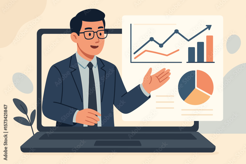 Business consultant on video call from laptop. Expert advisor giving online presentation with charts for financial strategy, data analysis, and marketing growth. Webinar concept. Business consultant on video call from laptop. Expert advisor giving online presentation with charts for financial strategy, data analysis, and marketing growth. Webinar concept.