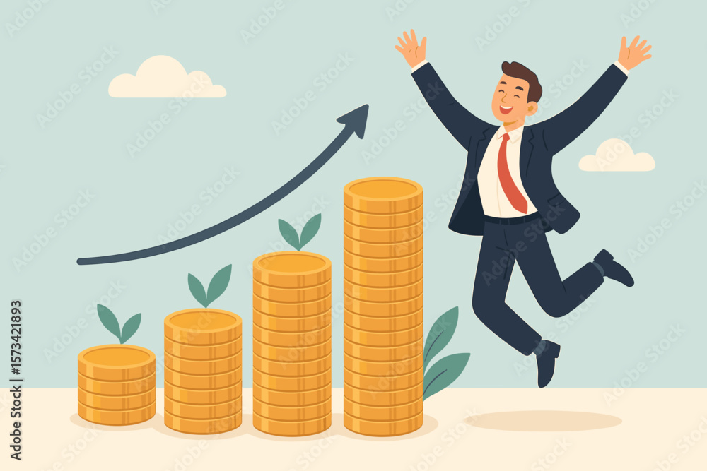 Compound interest and money growth investment concept. Happy businessman investor celebrating prosperity, earnings, and profitability. Financial success and stock market return. Compound interest and money growth investment concept. Happy businessman investor celebrating prosperity, earnings, and profitability. Financial success and stock market return.