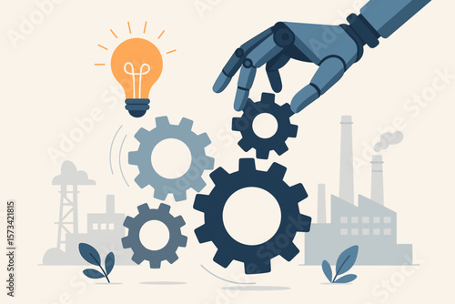 Robot hand assembling gears for industrial automation. Technology and innovation in manufacturing. Factory production process development. AI assistance in engineering metaphor.