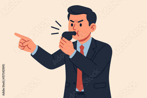 Whistleblower concept. Businessman blowing a whistle and pointing to expose corporate misconduct. Reporting corruption, illegal secrets, and fraud. Inside person alert signal.
