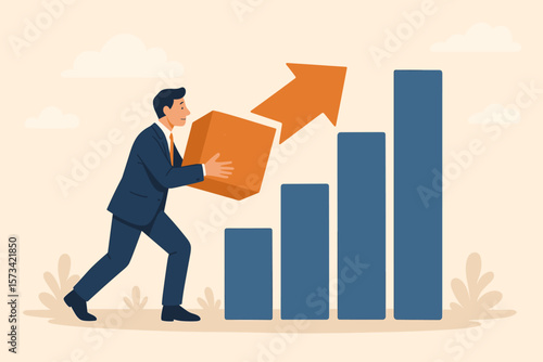 Businessman building a growth chart metaphor. Concept for career improvement, investment profit, personal development, leadership effort, and business success strategy.