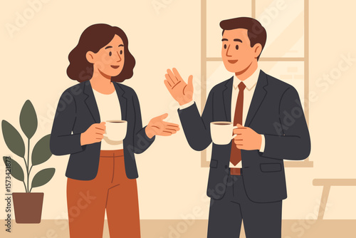 Coffee break business discussion. Businessman and businesswoman colleagues brainstorming after a meeting. Team communication and corporate networking vector concept illustration.