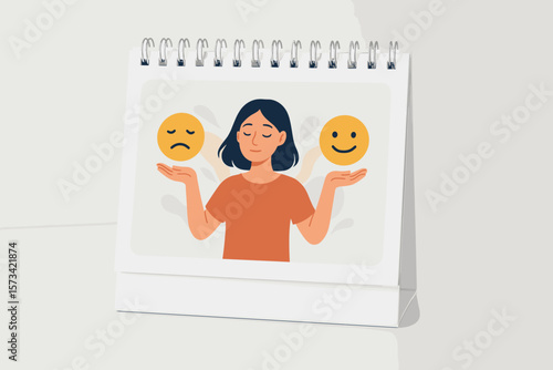 Emotional intelligence and balance emotion control concept. Woman balances happy and sad emoji. Mental health, psychology, mood swing, and wellness day. Positive and negative thinking.