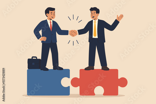 Businessmen shaking hands on puzzle pieces. Metaphor for collaboration, partnership, and successful deal. Teamwork and cooperation for business solutions and agreements.