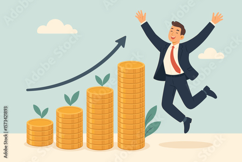 Compound interest and money growth investment concept. Happy businessman investor celebrating prosperity, earnings, and profitability. Financial success and stock market return.