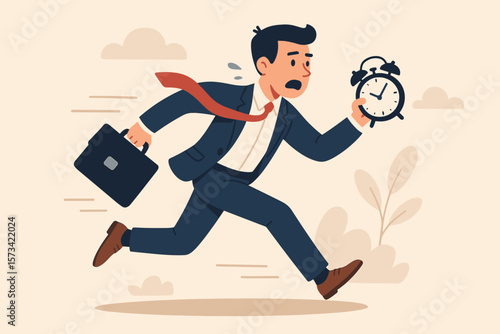 Businessman late for work, running with clock and briefcase. Time pressure, deadline concept. Urgency, stress and hurry. Busy job challenge. Time management metaphor. Vector.