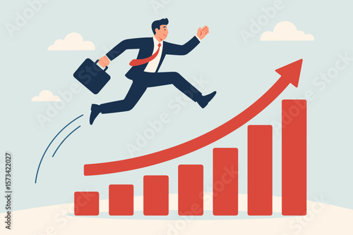 Businessman leaps forward over a rising bar chart. Concept of business growth, success, progress, and achievement. Metaphor for career development, ambition, and winning.