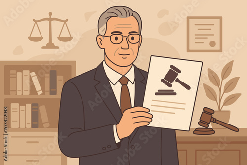 Mature lawyer or judge in office holding a legal document with a gavel. Law and justice concept. Attorney with contract. Court verdict or approval paper. Scales of justice symbol.