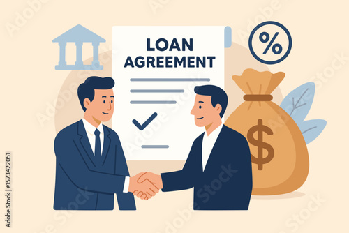 Financial support concept. Businessmen shaking hands over a loan agreement. Borrowing money from a bank. Personal loan, mortgage debt, and interest rate obligation to pay.