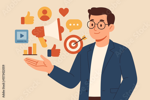 Marketing manager with icons for digital strategy. Online advertising, social media promotion campaign, customer target audience. Branding, communication, content concept.