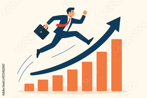 Businessman leaps over a bar chart. Business growth and success concept. Career progress, investment, and achievement. Leadership, motivation, and ambition to win and move forward.