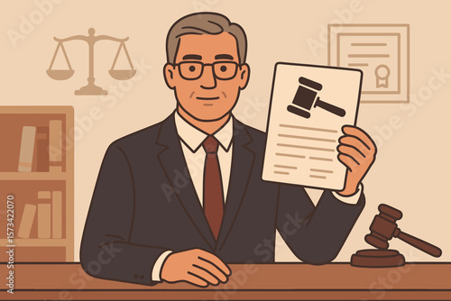 Legal document concept. Lawyer or judge in office holding a verdict paper with a gavel icon. Attorney showing court judgment or approval. Justice and law symbol. Vector.
