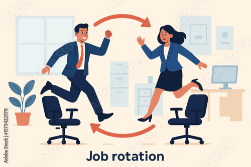 Job rotation concept. Employee switch position for new skills, experience. Moving to new responsibility. Businessman, woman jumping between office chairs. Career change work.