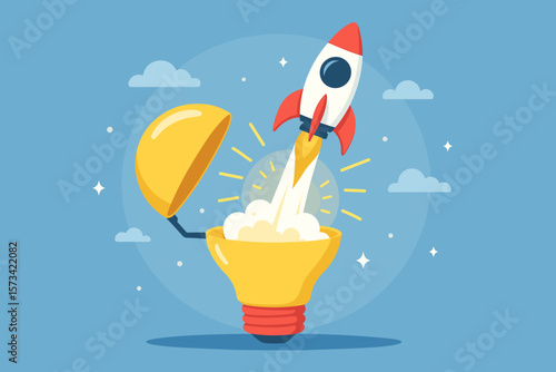 Startup launch and new business idea concept. Rocket taking off from a lightbulb. Innovation, creativity and entrepreneurship metaphor for a breakthrough business solution.
