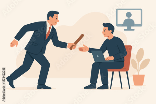 Outsourcing work concept. Businessman boss passing relay baton to remote worker or freelancer. Hiring outside contractor for service. Teamwork delegation and collaboration.