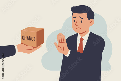 Status quo bias, fear of change, resisting new ideas, comfort zone, conservative thinking, risk aversion, indecision, businessman rejecting opportunity, refusal concept